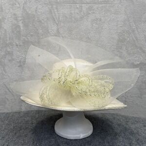 VTG Church Hat Womens Cream Satin Toile Wide Brim Bow Rhinestone Derby Wedding